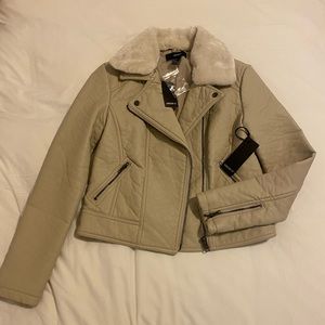 Forever 21 Beige Leather Jacket w/ Removable Fur Collar